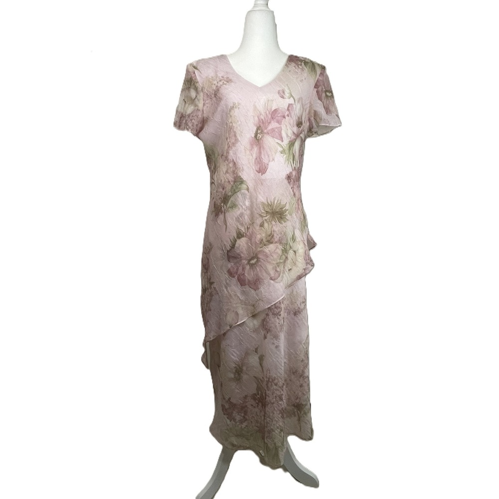 Miss Dorby Petite 10P Pink Floral Tiered Maxi Dress V-Neck Chiffon Wedding Guest